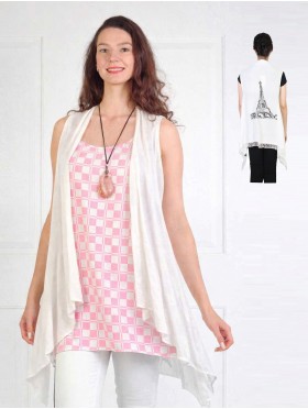 Patterned Printed Fashion Tops W/ Coconut Buttons, Cardigan and Gemstone Necklace Set (CL1142+CL1678+M035)